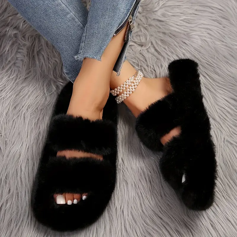 Fluffy Two Band Plush Slippers