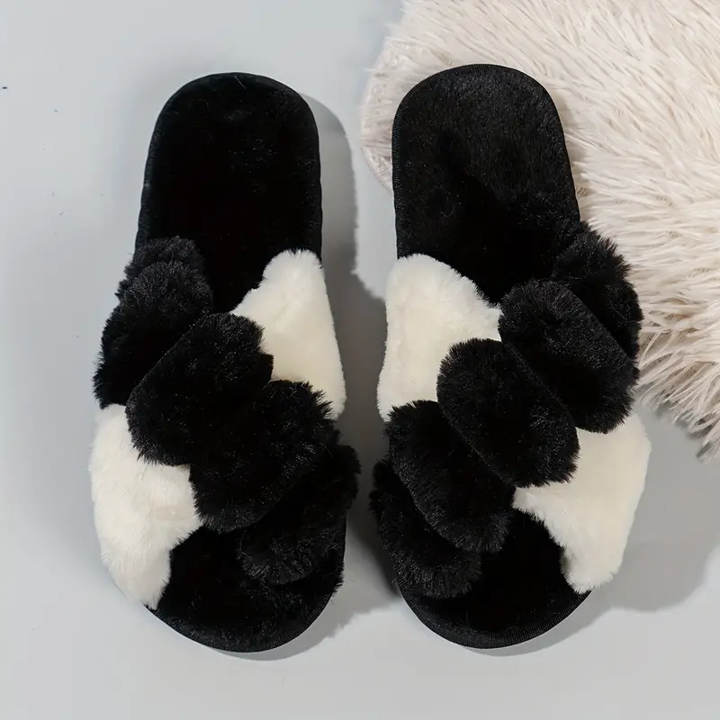 Two Tone Crisscross Band Plush Slippers