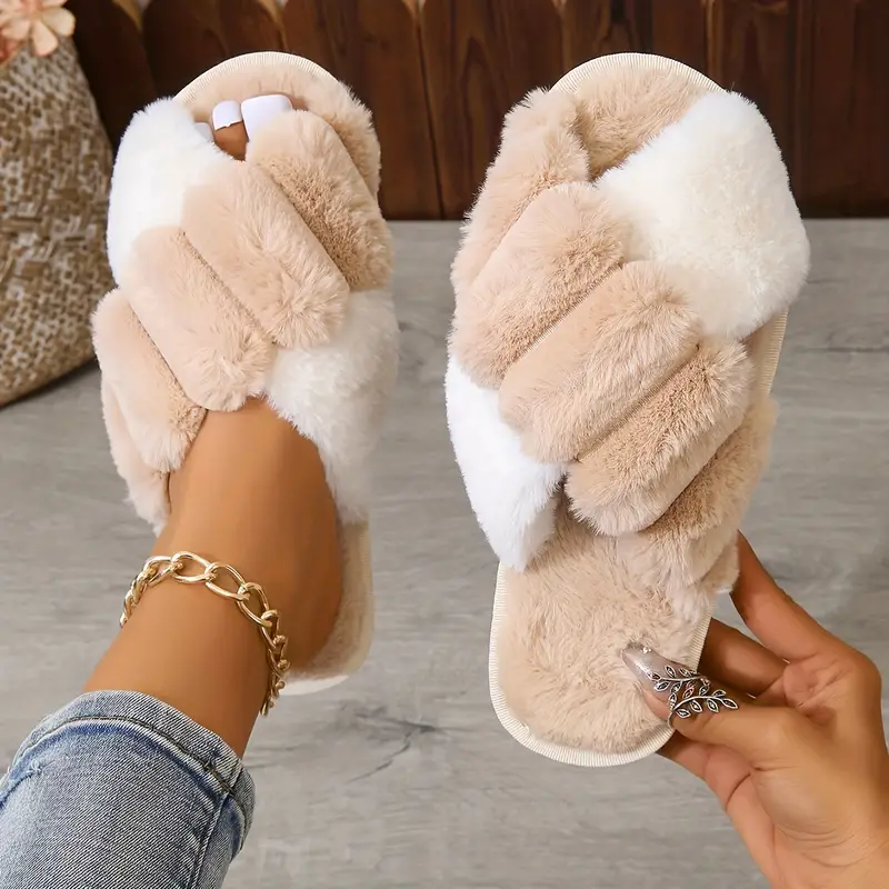 Two Tone Crisscross Band Plush Slippers