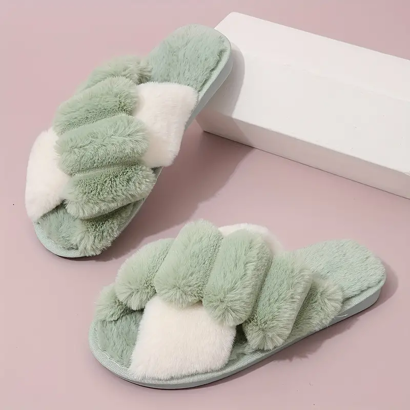Two Tone Crisscross Band Plush Slippers